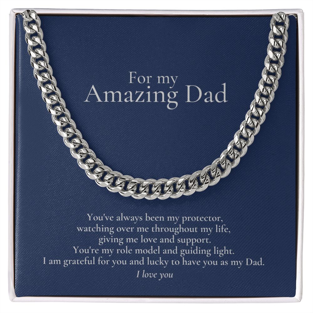 Amazing Dad Link Chain Necklace Available in Stainless Steel or 14kYellow Gold Finish, blue card