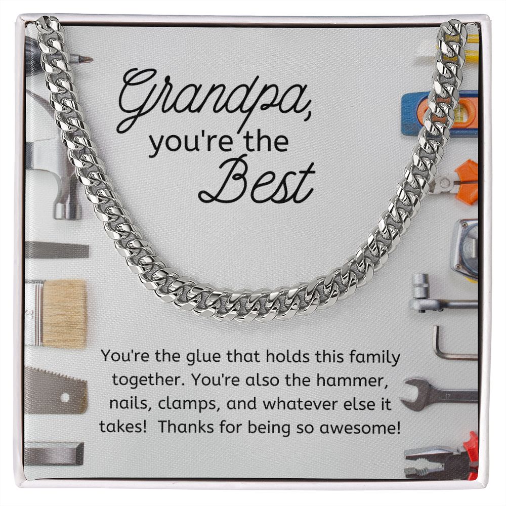 Best Grandpa Men's Chain Link Necklace Available in Stainless Steel or 14kYellow Gold Finish, tool theme