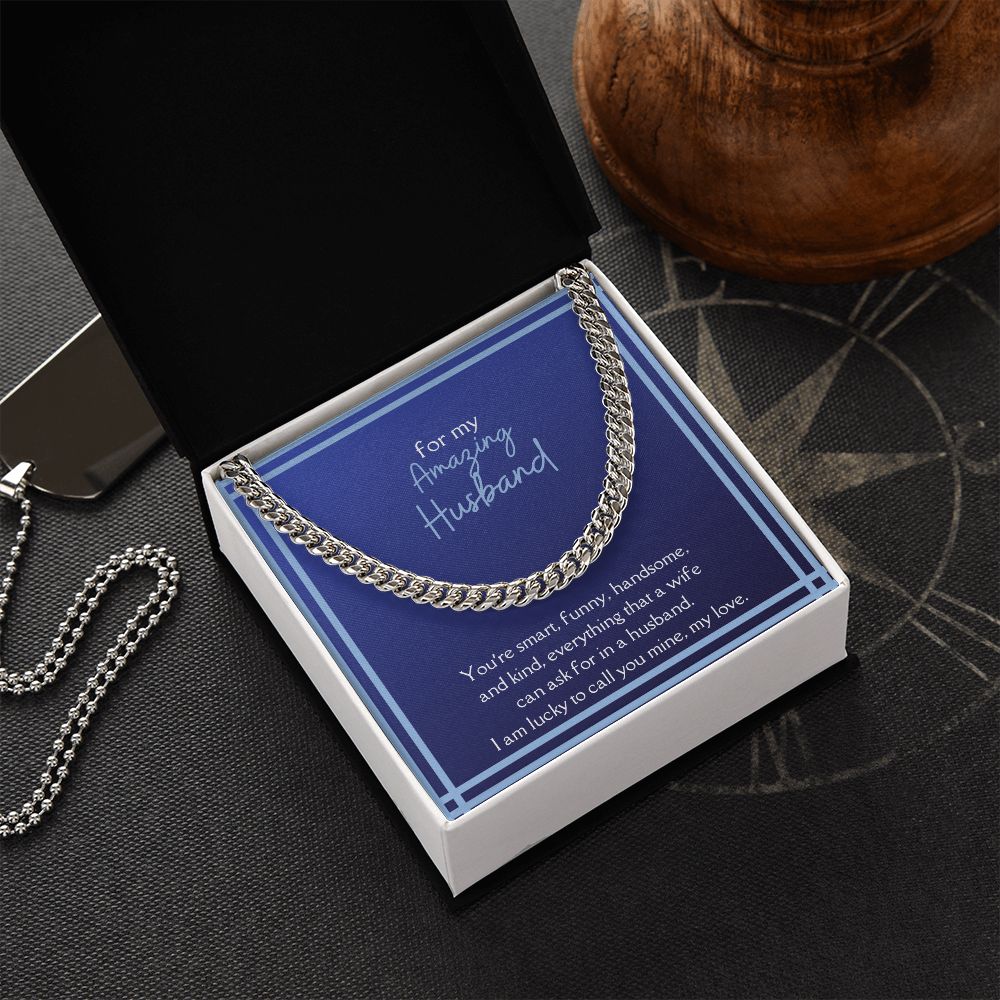 Amazing Husband Men's Chain Link Necklace Available in Stainless Steel and 14k Yellow Gold Finish, smart blue card