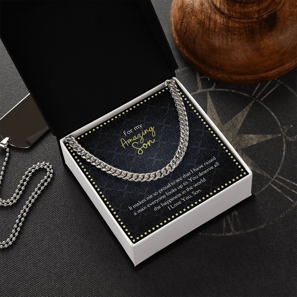 Amazing Son Men's Chain Link Necklace Available in Stainless Steel and 14k Yellow Gold Finish, black card