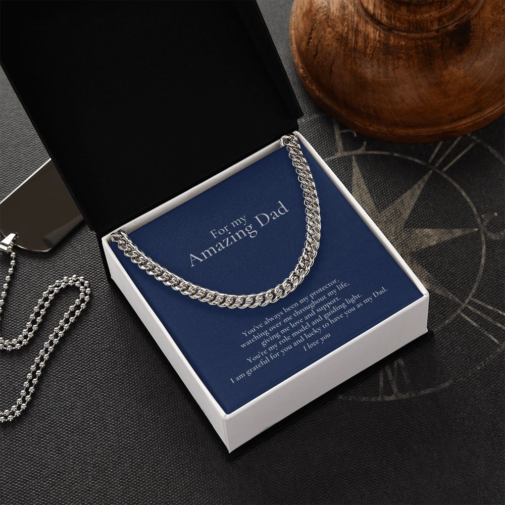 Amazing Dad Link Chain Necklace Available in Stainless Steel or 14kYellow Gold Finish, blue card