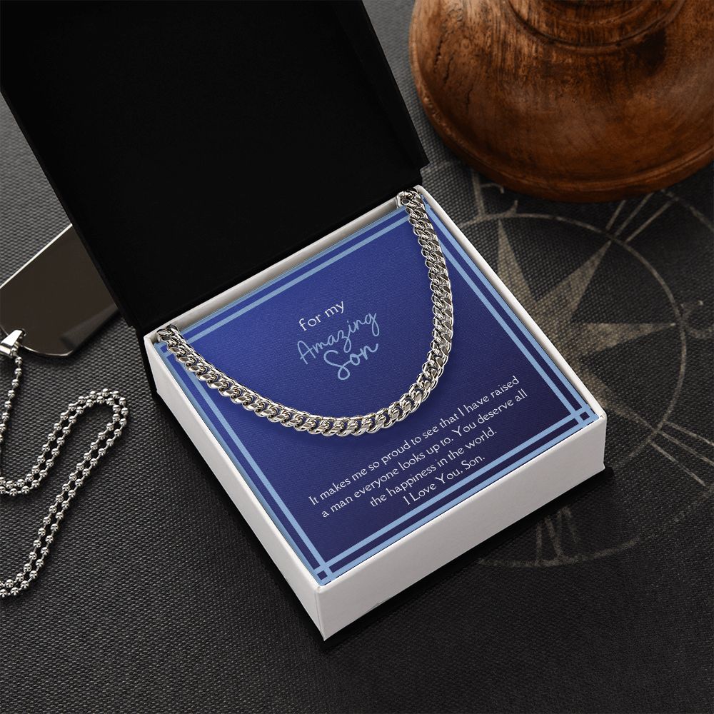 Amazing Son Men's Chain Link Necklace Available in Stainless Steel and 14k Yellow Gold Finish, blue card