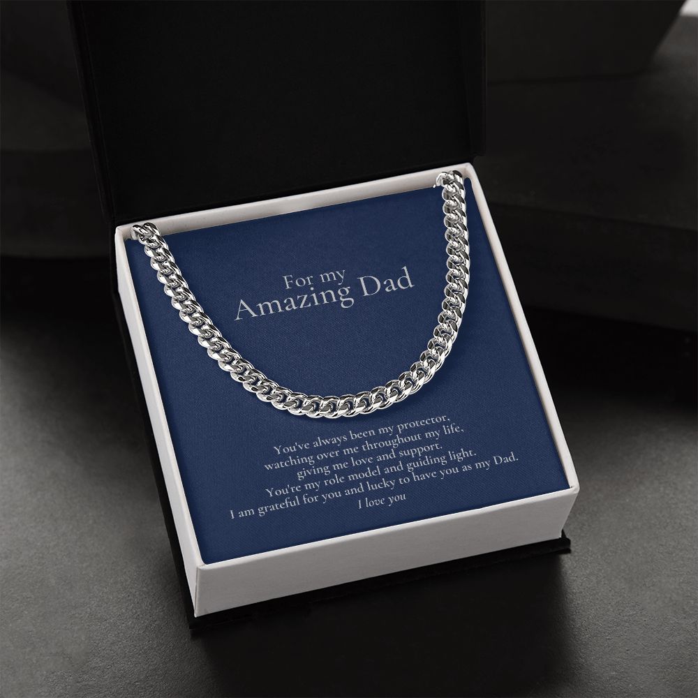 Amazing Dad Link Chain Necklace Available in Stainless Steel or 14kYellow Gold Finish, blue card