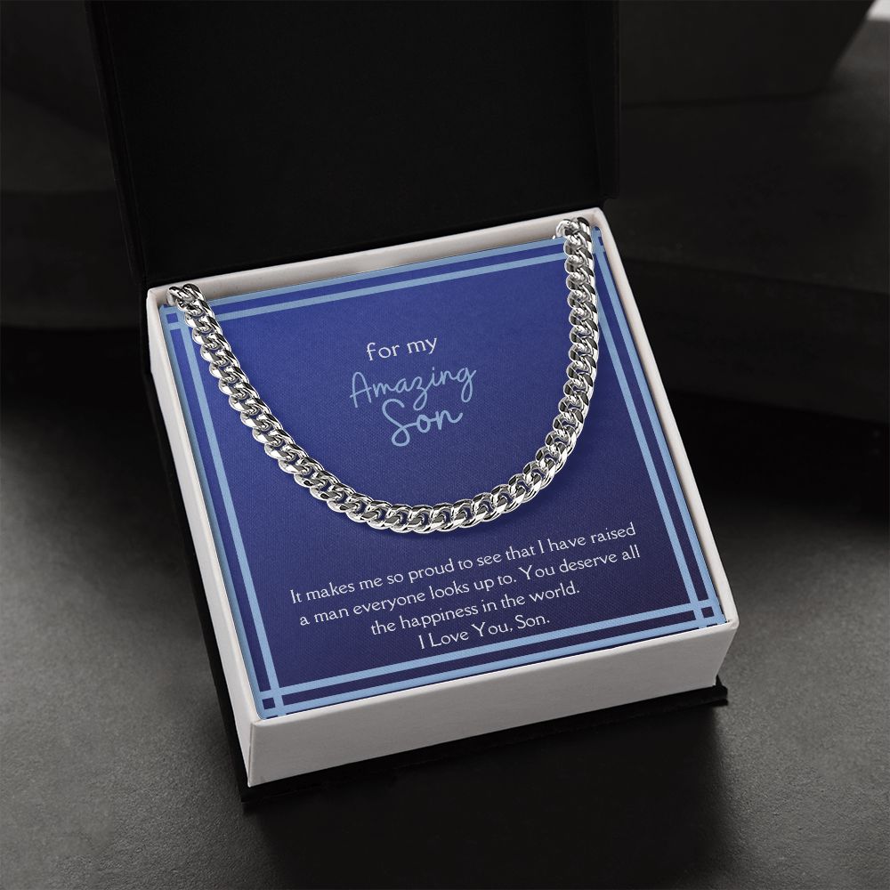 Amazing Son Men's Chain Link Necklace Available in Stainless Steel and 14k Yellow Gold Finish, blue card