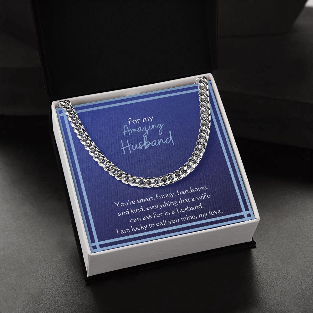 Amazing Husband Men's Chain Link Necklace Available in Stainless Steel and 14k Yellow Gold Finish, smart blue card