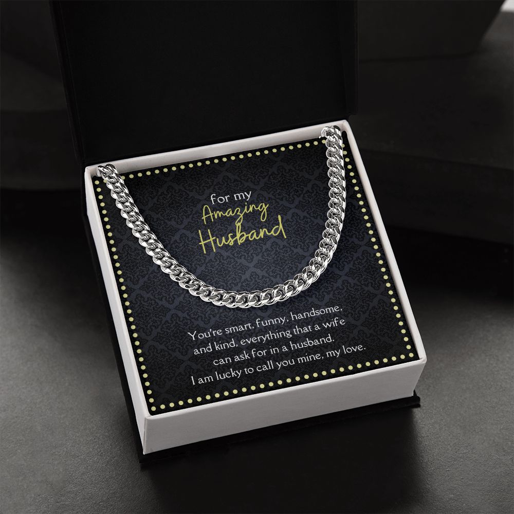 Amazing Husband Men's Chain Link Necklace Available in Stainless Steel and 14k Yellow Gold Finish, black yellow card