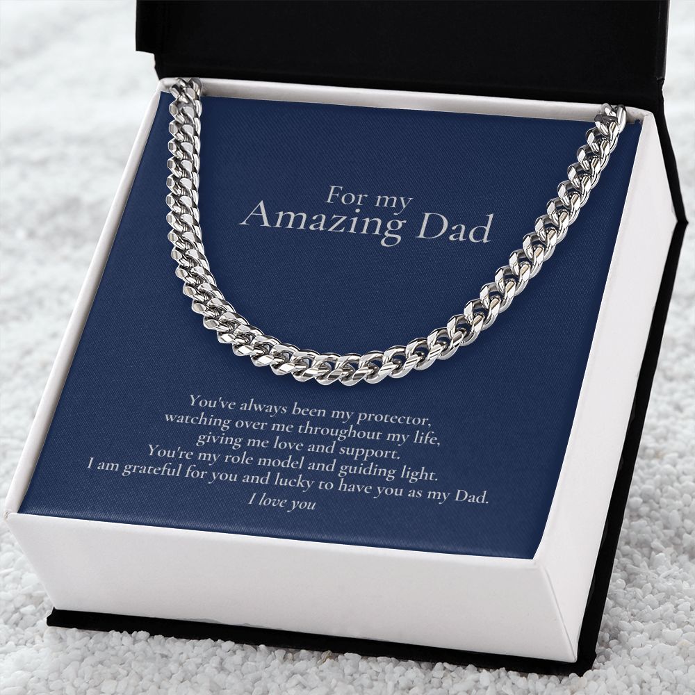 Amazing Dad Link Chain Necklace Available in Stainless Steel or 14kYellow Gold Finish, blue card