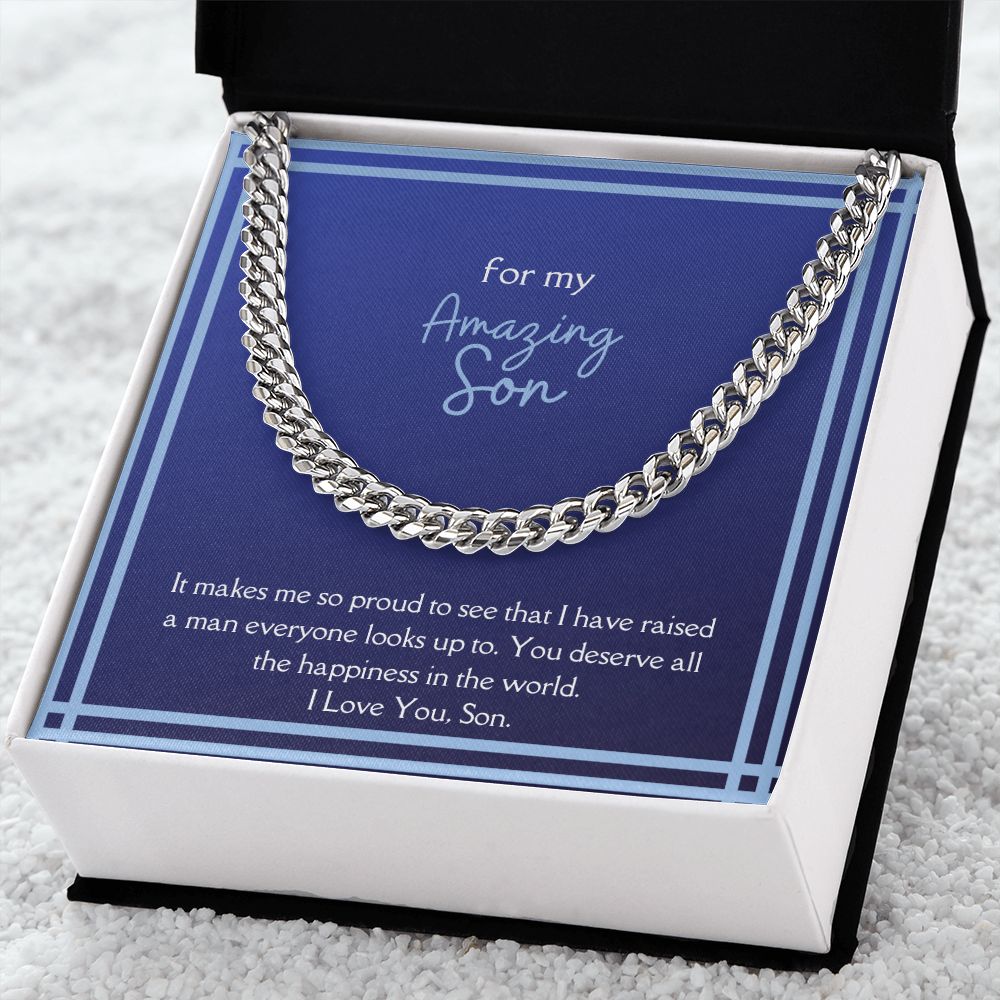 Amazing Son Men's Chain Link Necklace Available in Stainless Steel and 14k Yellow Gold Finish, blue card
