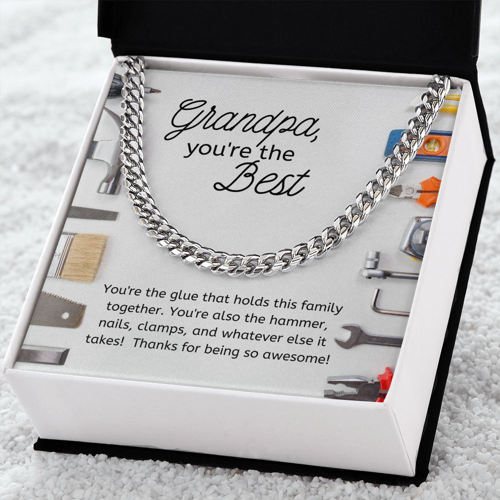 Best Grandpa Men's Chain Link Necklace Available in Stainless Steel or 14kYellow Gold Finish, tool theme