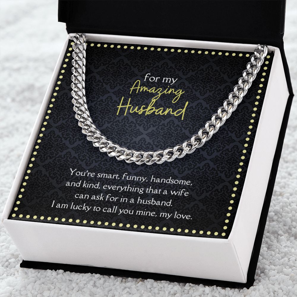 Amazing Husband Men's Chain Link Necklace Available in Stainless Steel and 14k Yellow Gold Finish, black yellow card
