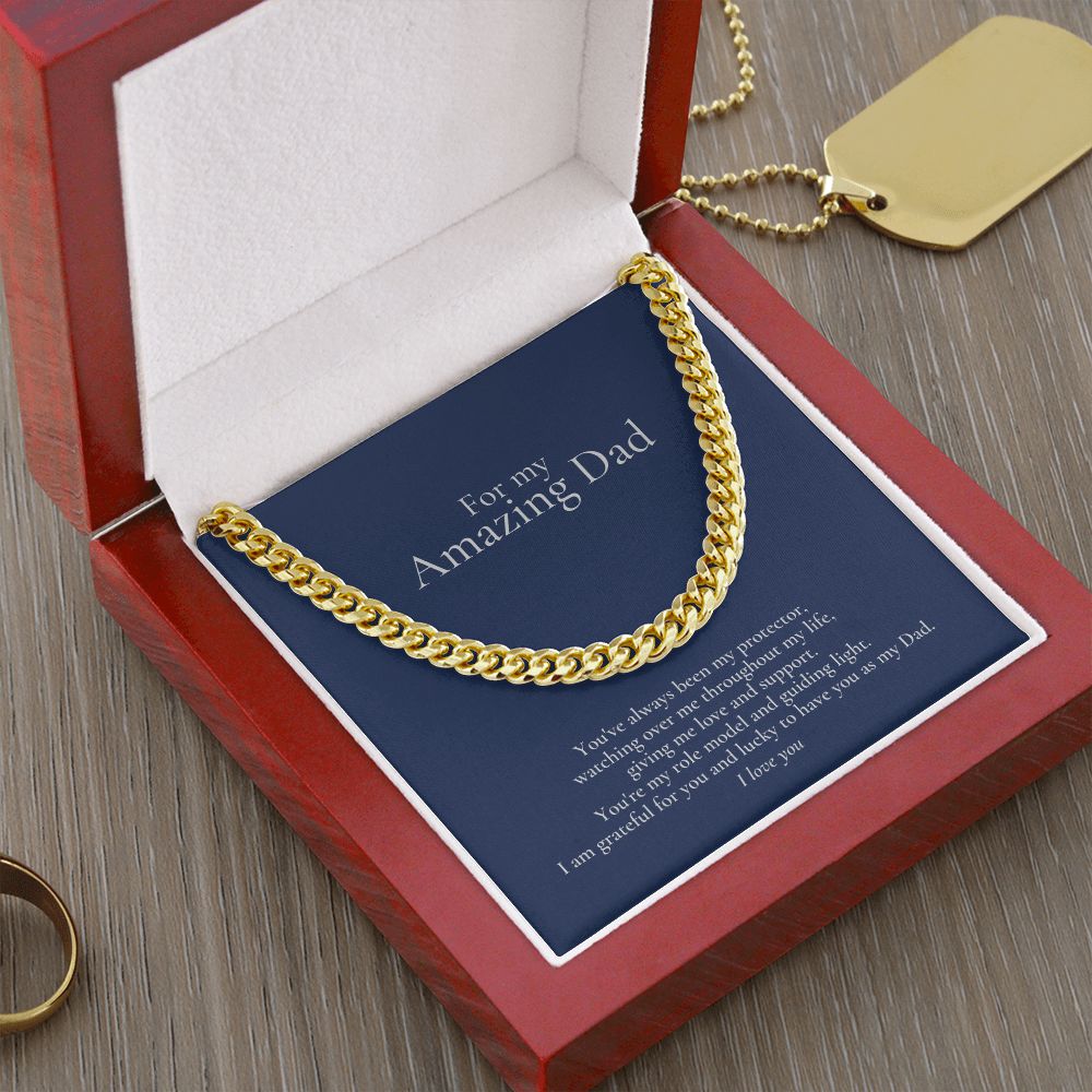Amazing Dad Link Chain Necklace Available in Stainless Steel or 14kYellow Gold Finish, blue card