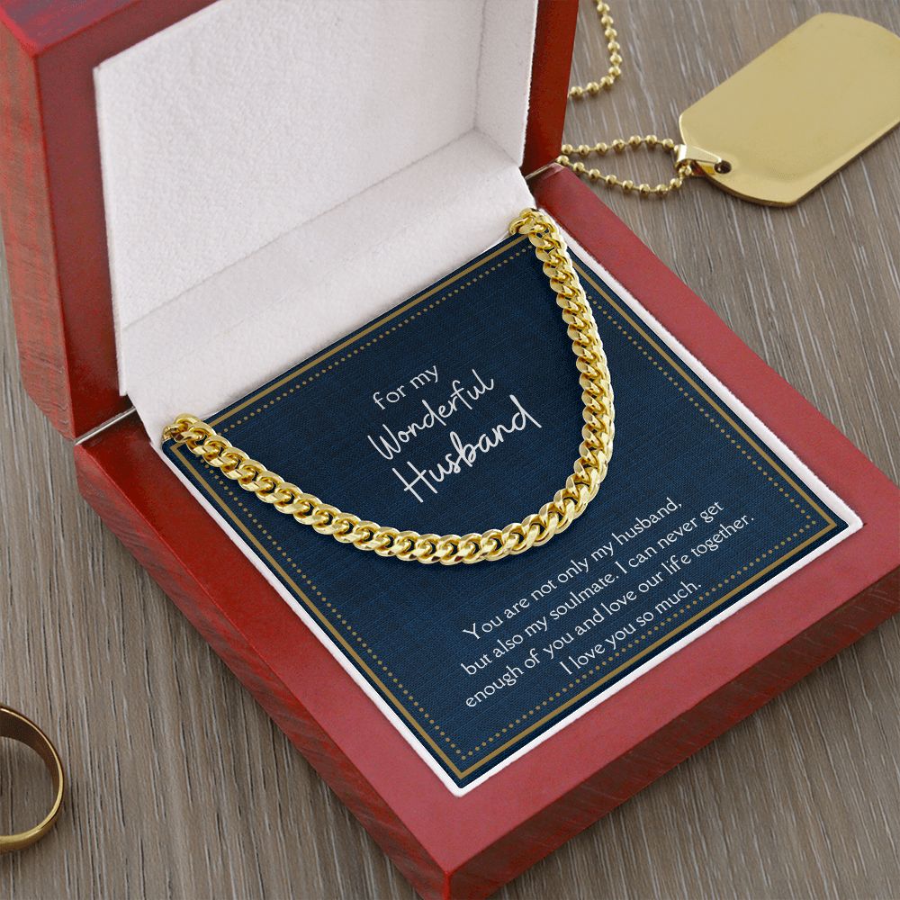 Wonderful Husband Men's Chain Link Necklace Available in Stainless Steel and 14k Yellow Gold Finish, denim card