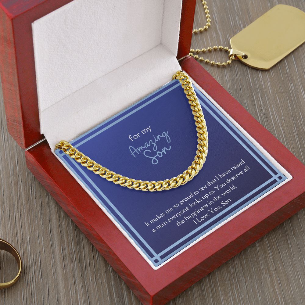 Amazing Son Men's Chain Link Necklace Available in Stainless Steel and 14k Yellow Gold Finish, blue card