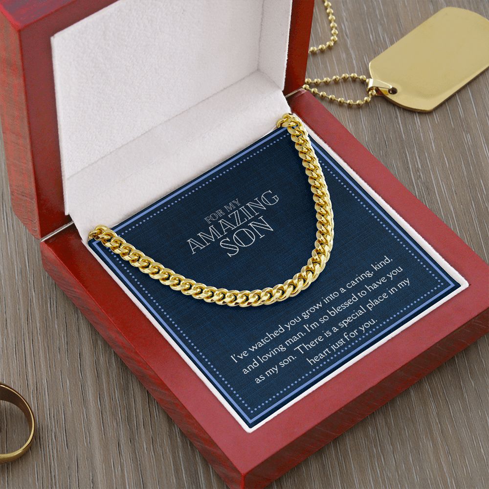 Amazing Son Men's Chain Link Necklace Available in Stainless Steel and 14k Yellow Gold Finish, denim blue card