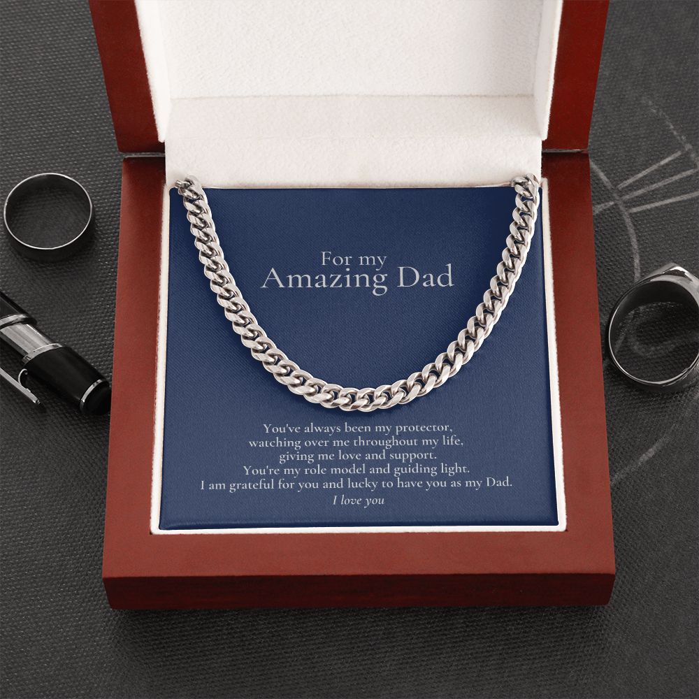 Amazing Dad Link Chain Necklace Available in Stainless Steel or 14kYellow Gold Finish, blue card