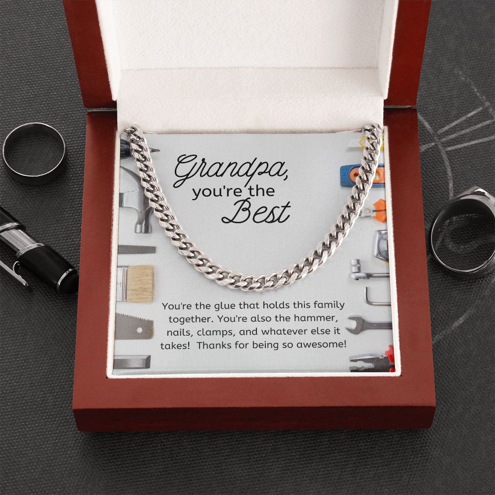 Best Grandpa Men's Chain Link Necklace Available in Stainless Steel or 14kYellow Gold Finish, tool theme