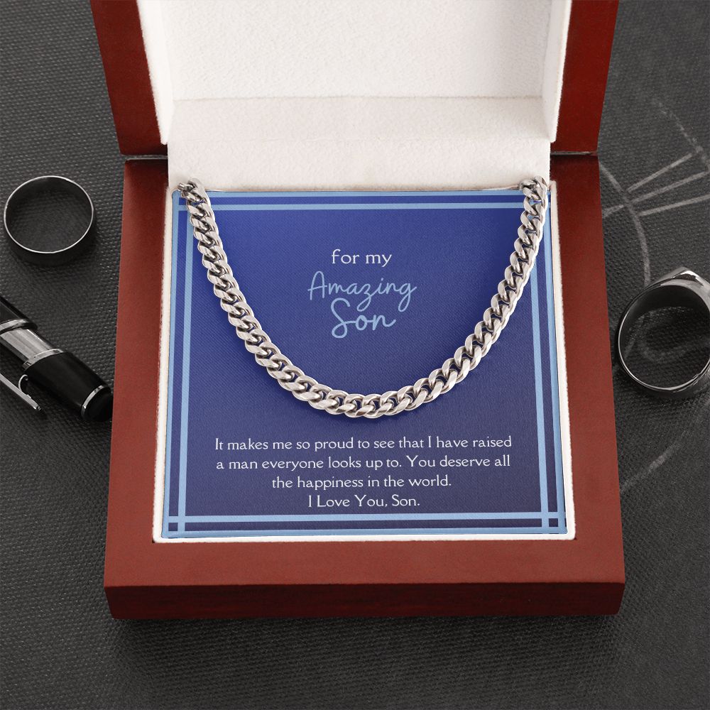 Amazing Son Men's Chain Link Necklace Available in Stainless Steel and 14k Yellow Gold Finish, blue card
