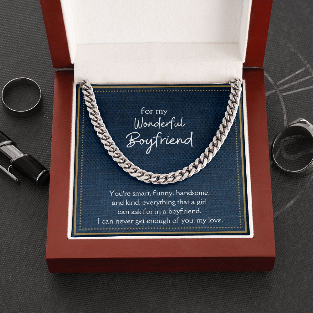 Wonderful Boyfriend Link Chain Necklace Available in Stainless Steel or 14kYellow Gold Finish, blue card