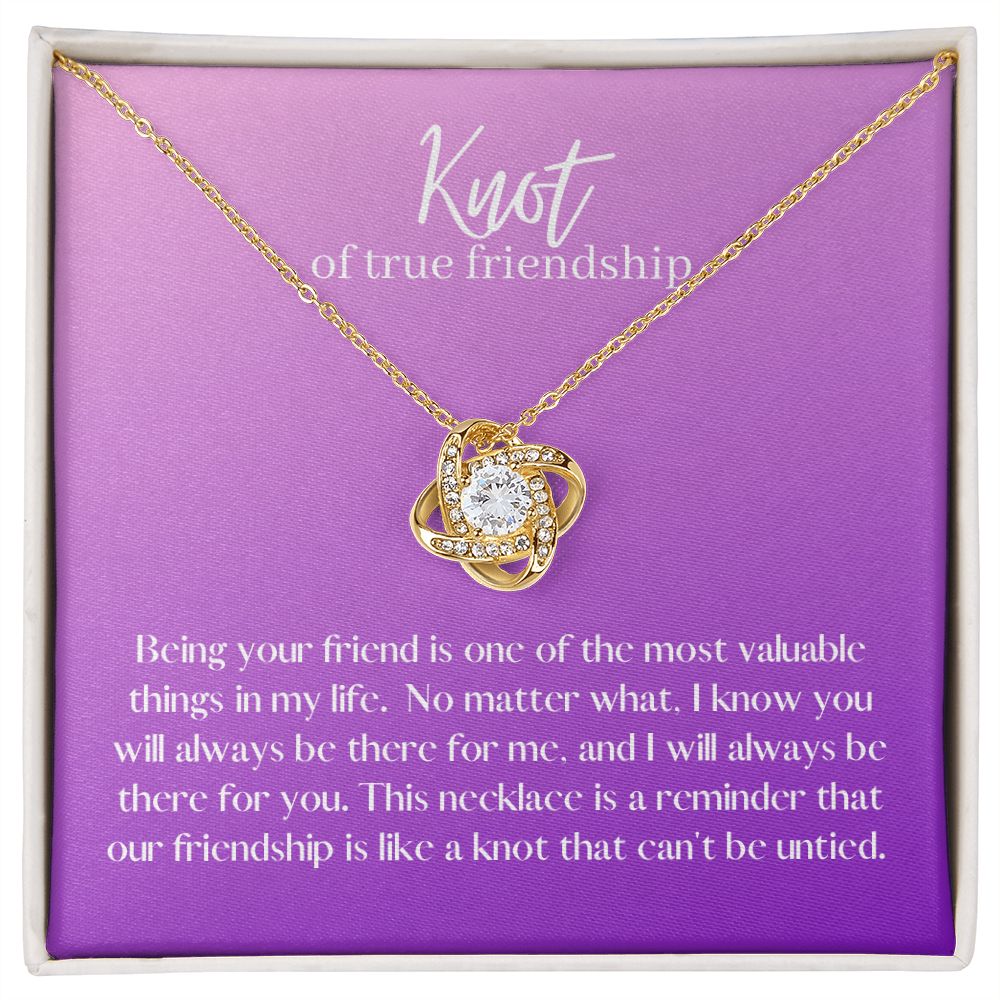 Friendship Knot Necklace Available in Yellow or White Gold (purple message card)