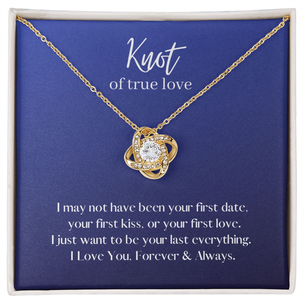 True Love Knot Necklace 14k White or 18k Yellow Gold over Stainless Steel with CZ stone, blue card