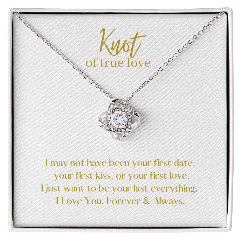 True Love Knot Necklace 14k White or 18k Yellow Gold over Stainless Steel with CZ stone, white card