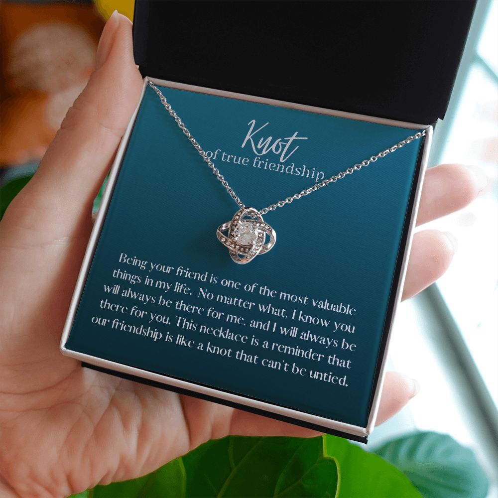 Friendship Knot Necklace Available in Yellow or White Gold (green message card)