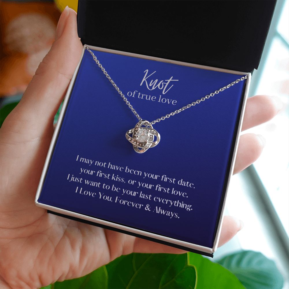 True Love Knot Necklace 14k White or 18k Yellow Gold over Stainless Steel with CZ stone, blue card