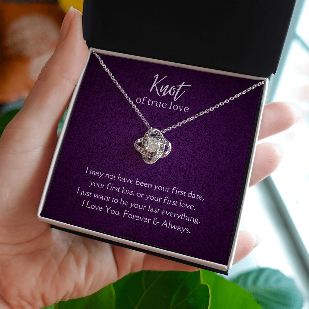 True Love Knot Necklace 14k White or 18k Yellow Gold over Stainless Steel with CZ stone, purple card