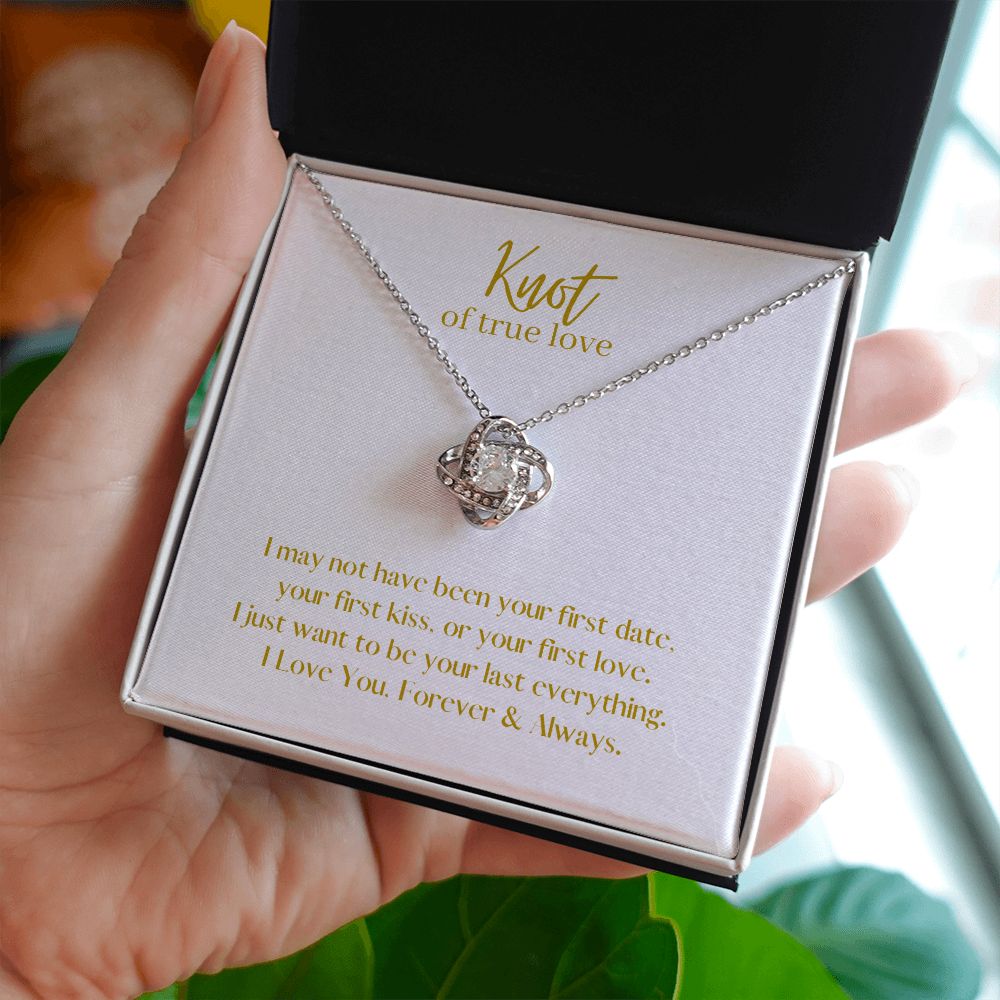 True Love Knot Necklace 14k White or 18k Yellow Gold over Stainless Steel with CZ stone, white card