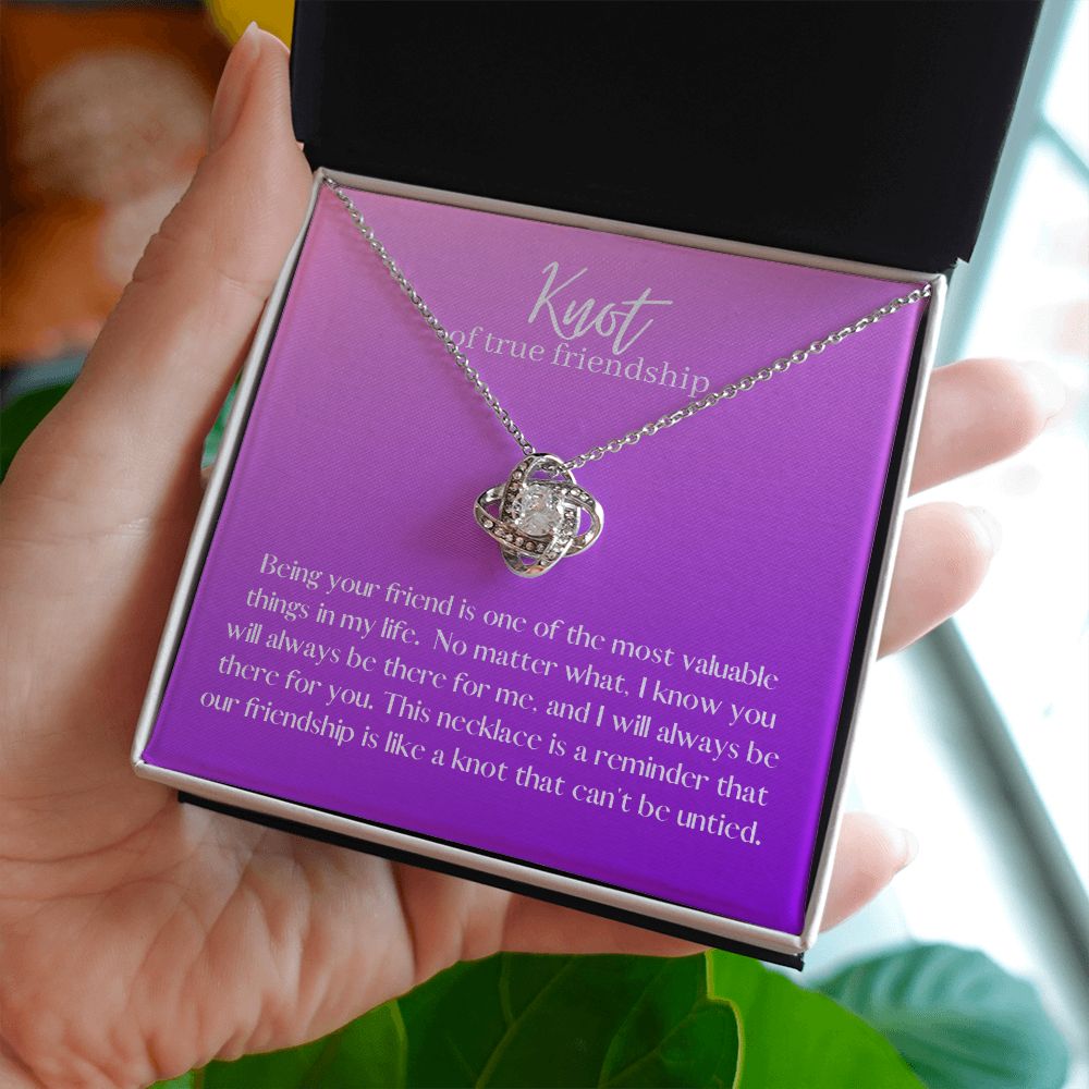 Friendship Knot Necklace Available in Yellow or White Gold (purple message card)