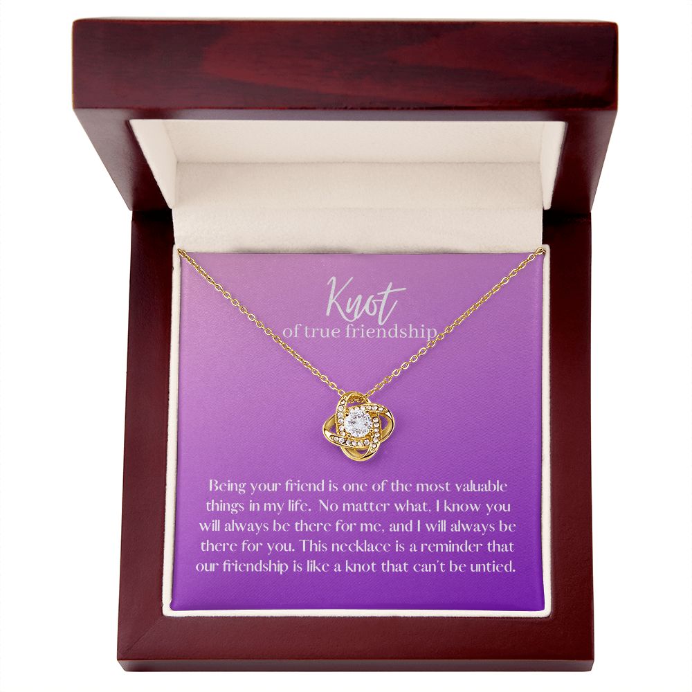 Friendship Knot Necklace Available in Yellow or White Gold (purple message card)