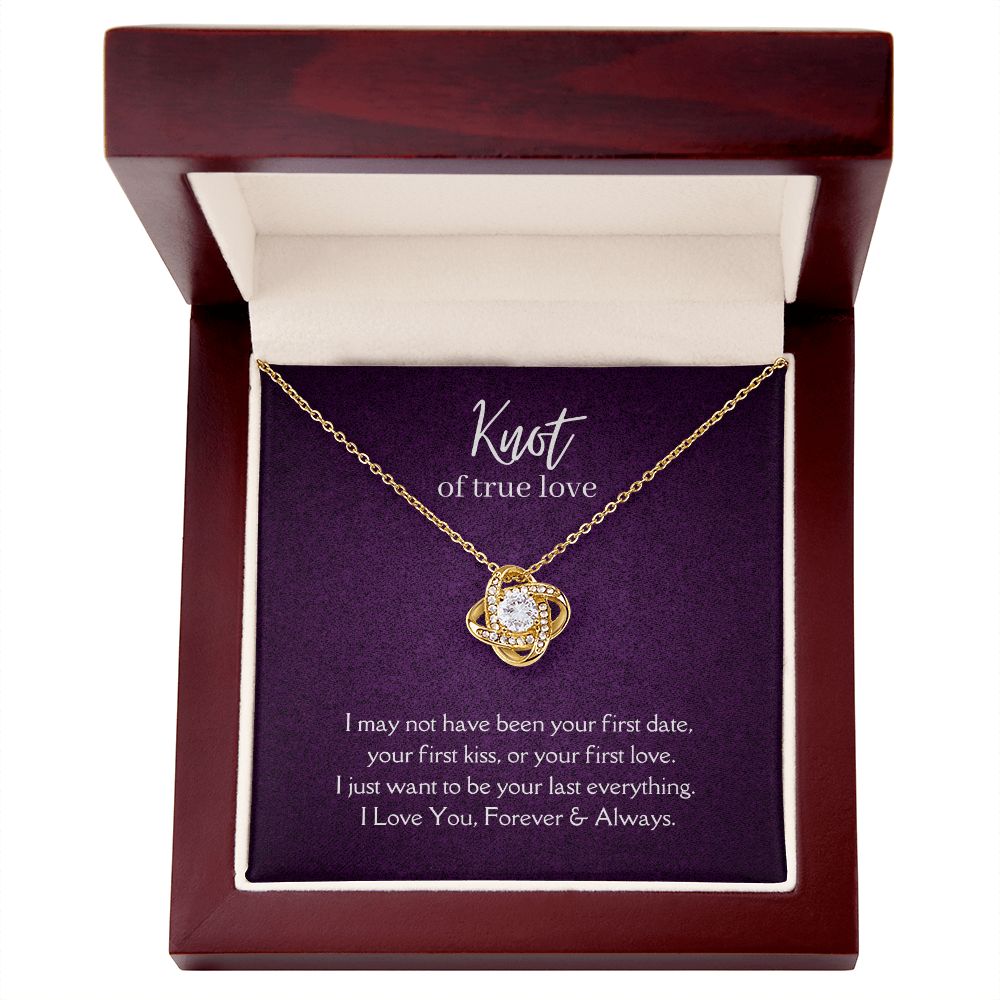 True Love Knot Necklace 14k White or 18k Yellow Gold over Stainless Steel with CZ stone, purple card