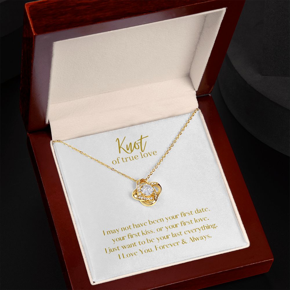 True Love Knot Necklace 14k White or 18k Yellow Gold over Stainless Steel with CZ stone, white card