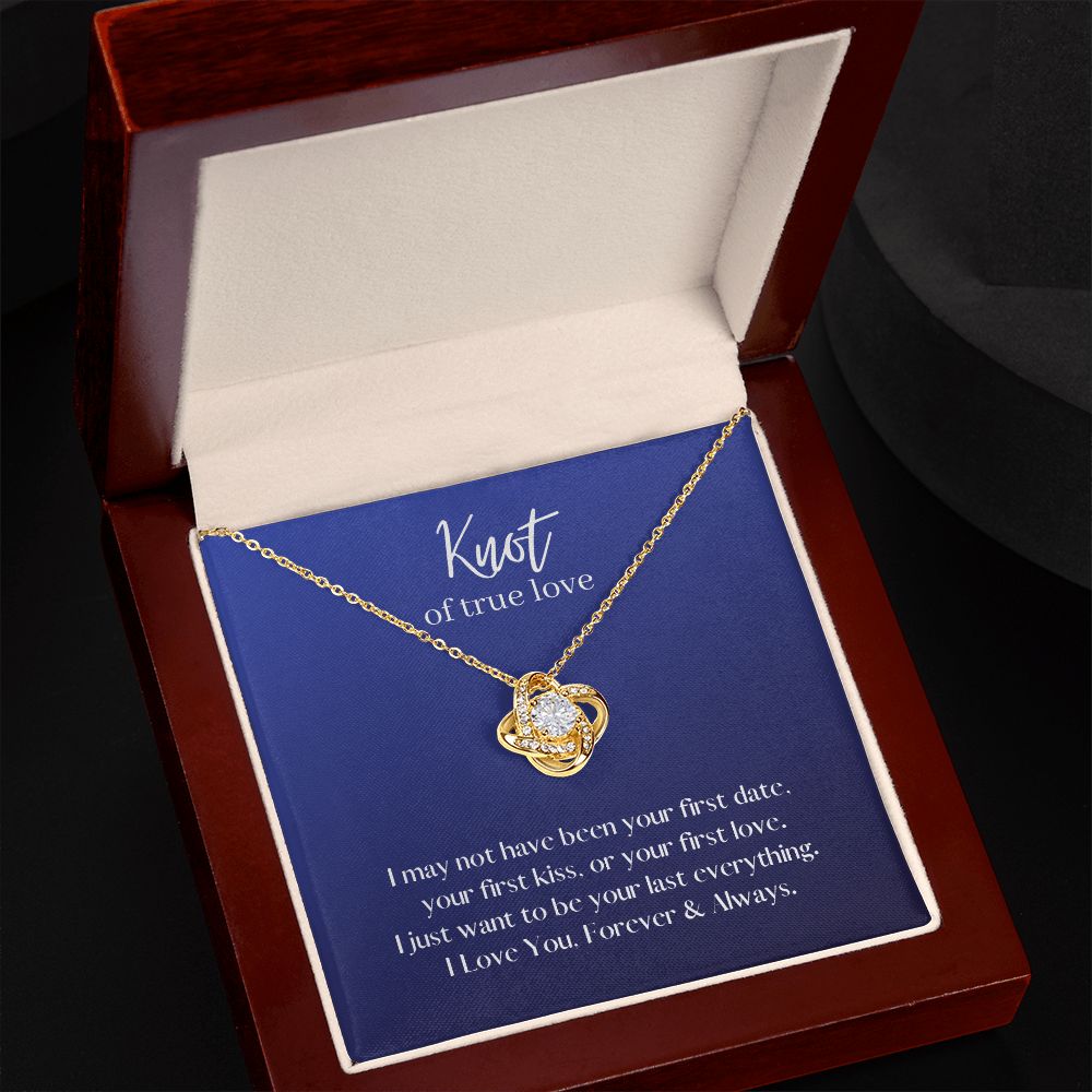 True Love Knot Necklace 14k White or 18k Yellow Gold over Stainless Steel with CZ stone, blue card