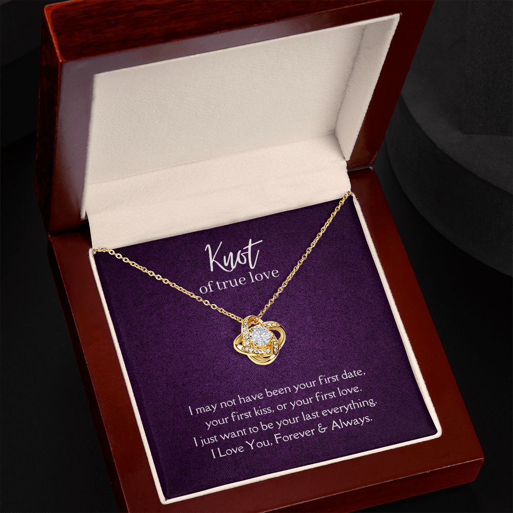 True Love Knot Necklace 14k White or 18k Yellow Gold over Stainless Steel with CZ stone, purple card