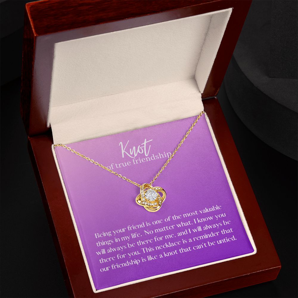 Friendship Knot Necklace Available in Yellow or White Gold (purple message card)