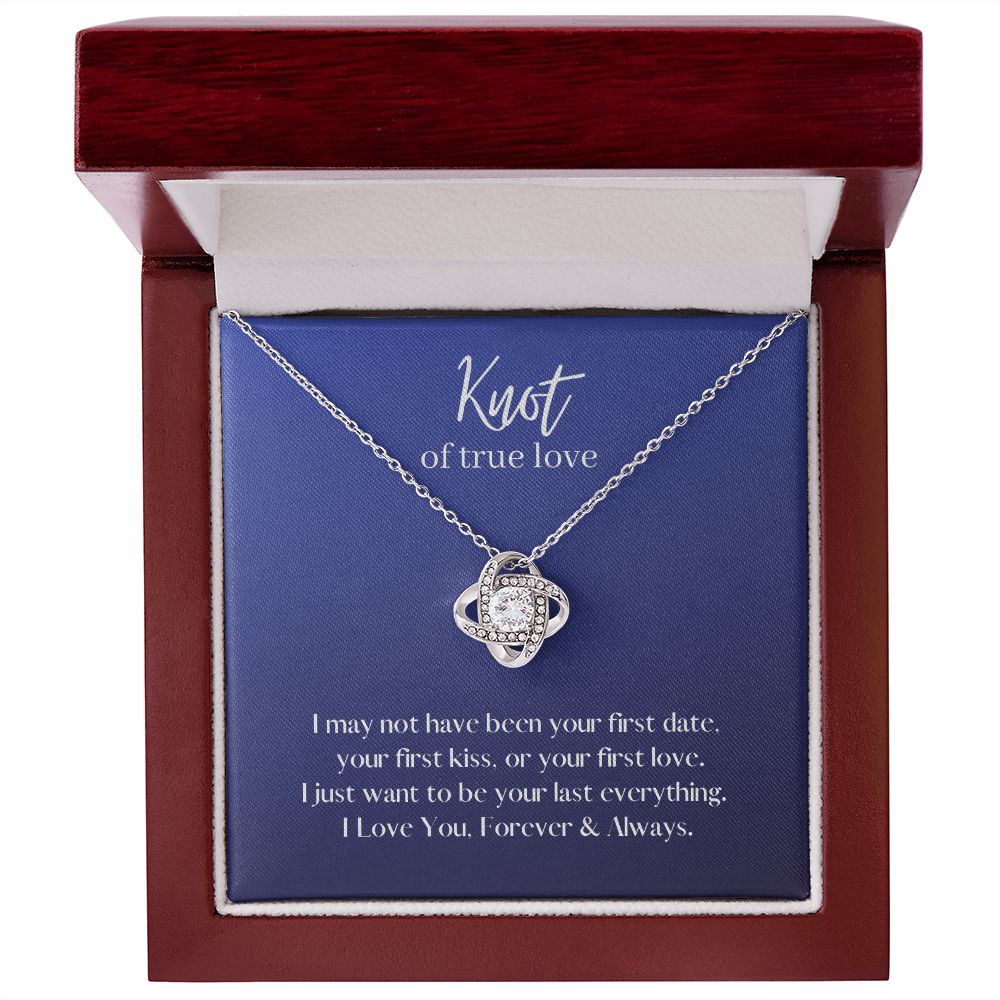 True Love Knot Necklace 14k White or 18k Yellow Gold over Stainless Steel with CZ stone, blue card