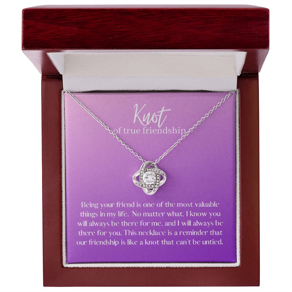 Friendship Knot Necklace Available in Yellow or White Gold (purple message card)