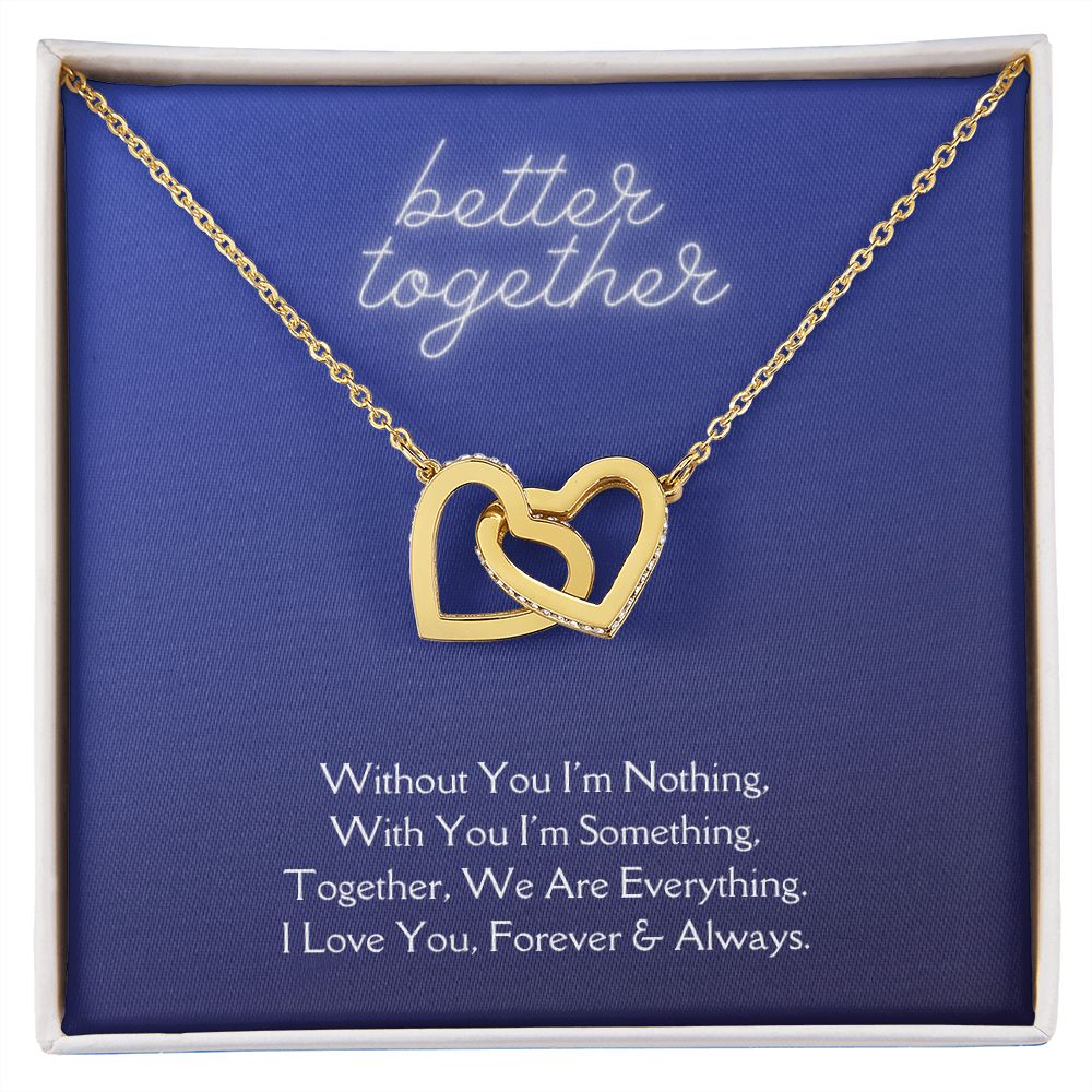 Better Together Locked in Love Hearts Necklace Available in Steel & Rose Gold or 18k Yellow Gold finishes, blue card