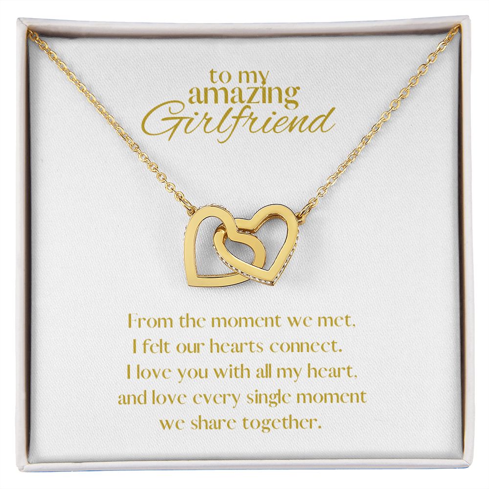 Amazing Girlfriend Locked in Love Hearts Necklace Available in Steel & Rose Gold or 18k Yellow Gold finishes, white card