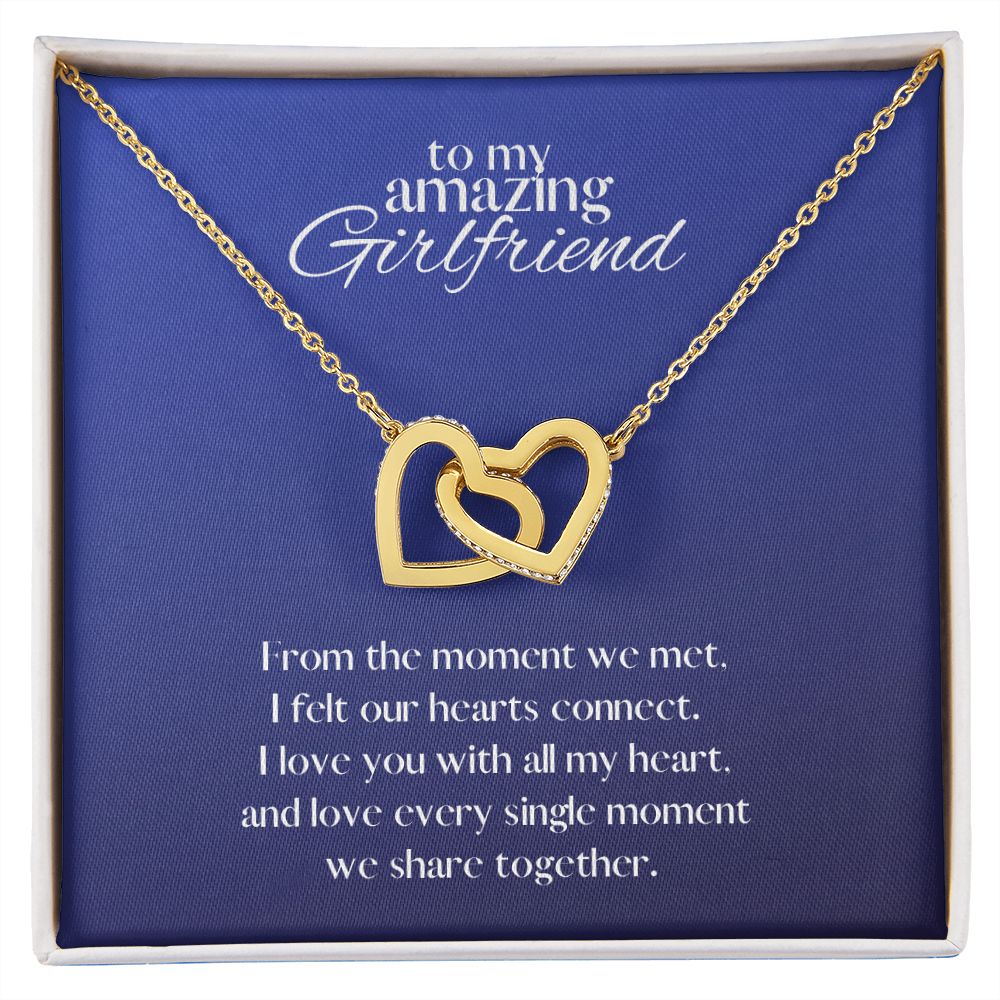Amazing Girlfriend Locked in Love Hearts Necklace Available in Steel & Rose Gold or 18k Yellow Gold finishes, blue card