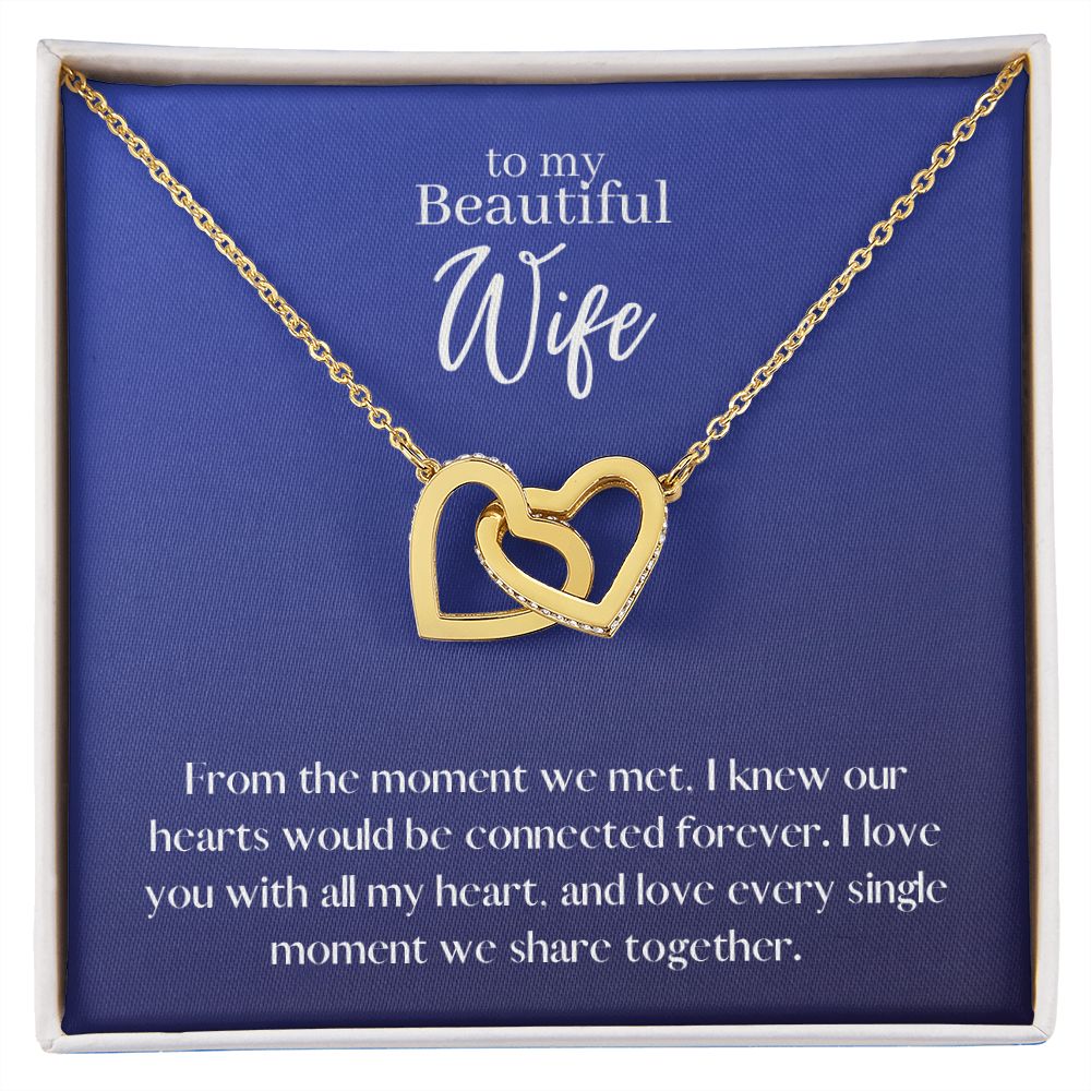 Beautiful Wife Locked in Love Hearts Necklace Available in Steel & Rose Gold or 18k Yellow Gold finishes, blue card