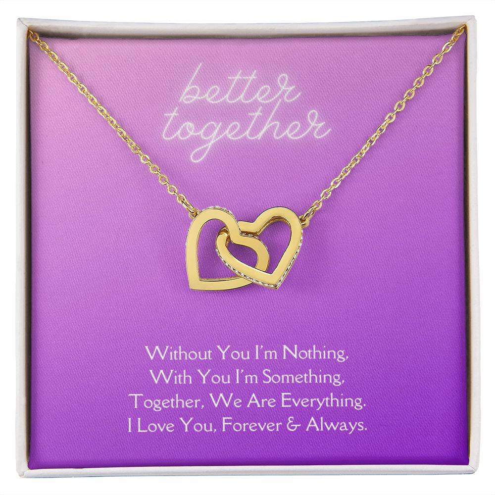 Better Together Locked in Love Hearts Necklace Available in Steel & Rose Gold or 18k Yellow Gold finishes, purple card