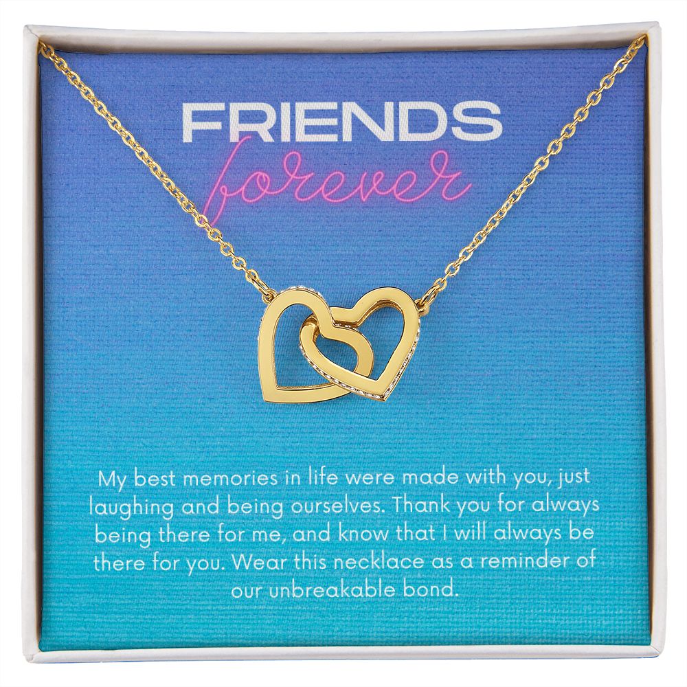 Friends Forever Interlocking Hearts Necklace Available in Yellow & White Gold (blue message card)