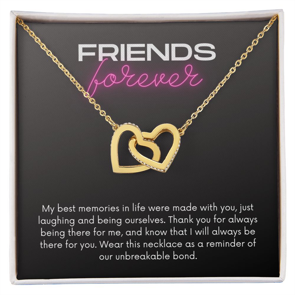 Friends Forever Interlocking Hearts Necklace Available in Yellow & White Gold (black message card)