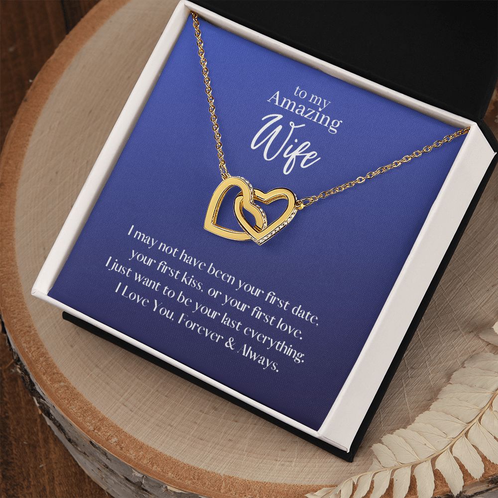 Amazing Wife Locked in Love Hearts Necklace Available in Steel & Rose Gold or 18k Yellow Gold finishes, blue card