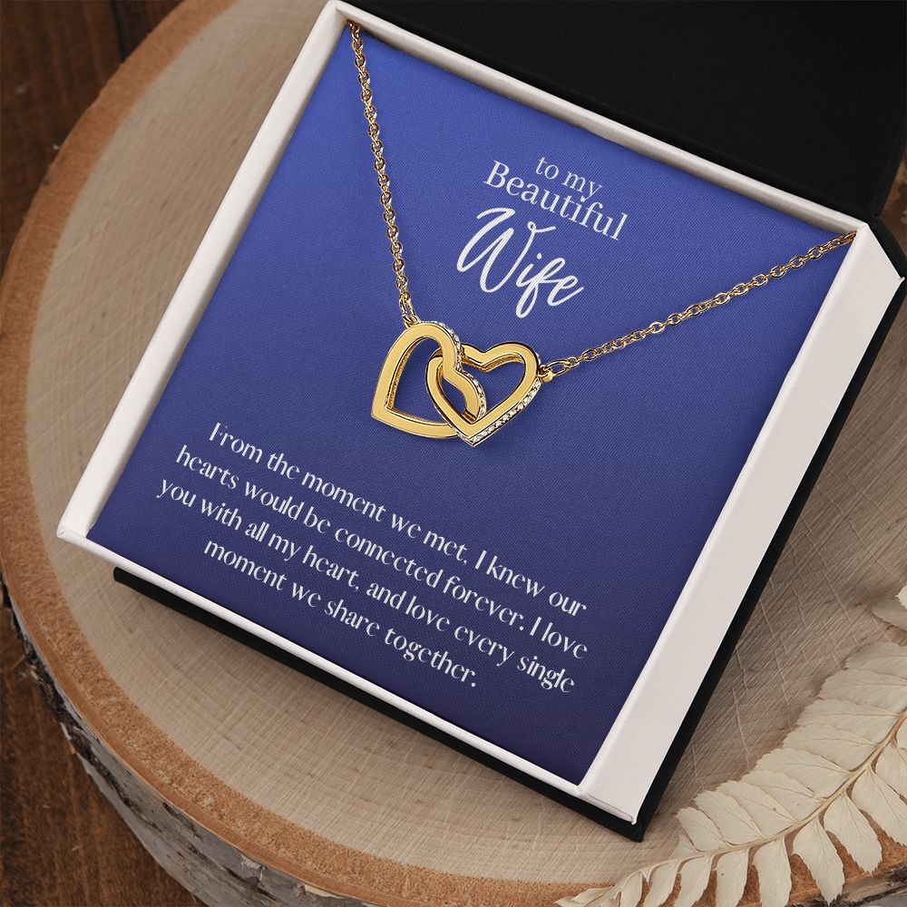 Beautiful Wife Locked in Love Hearts Necklace Available in Steel & Rose Gold or 18k Yellow Gold finishes, blue card