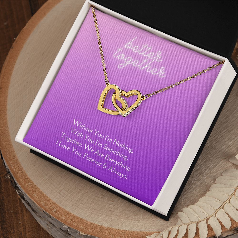Better Together Locked in Love Hearts Necklace Available in Steel & Rose Gold or 18k Yellow Gold finishes, purple card