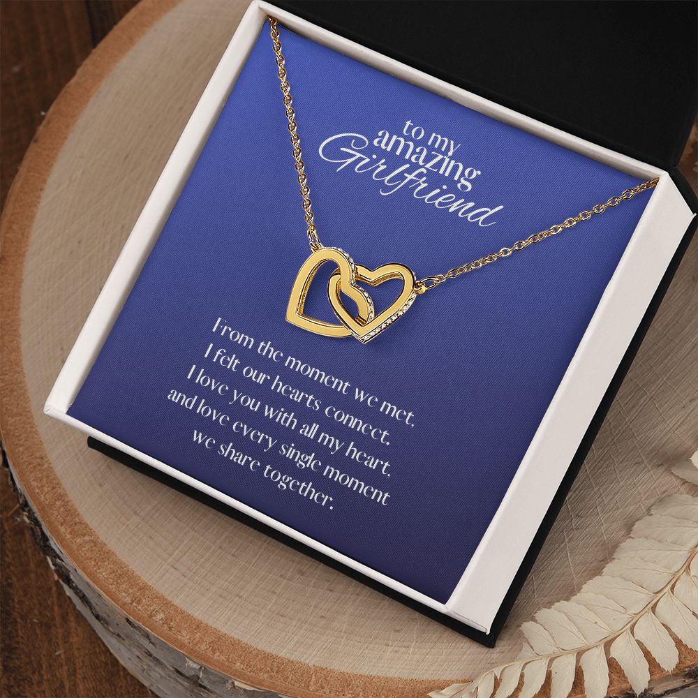 Amazing Girlfriend Locked in Love Hearts Necklace Available in Steel & Rose Gold or 18k Yellow Gold finishes, blue card