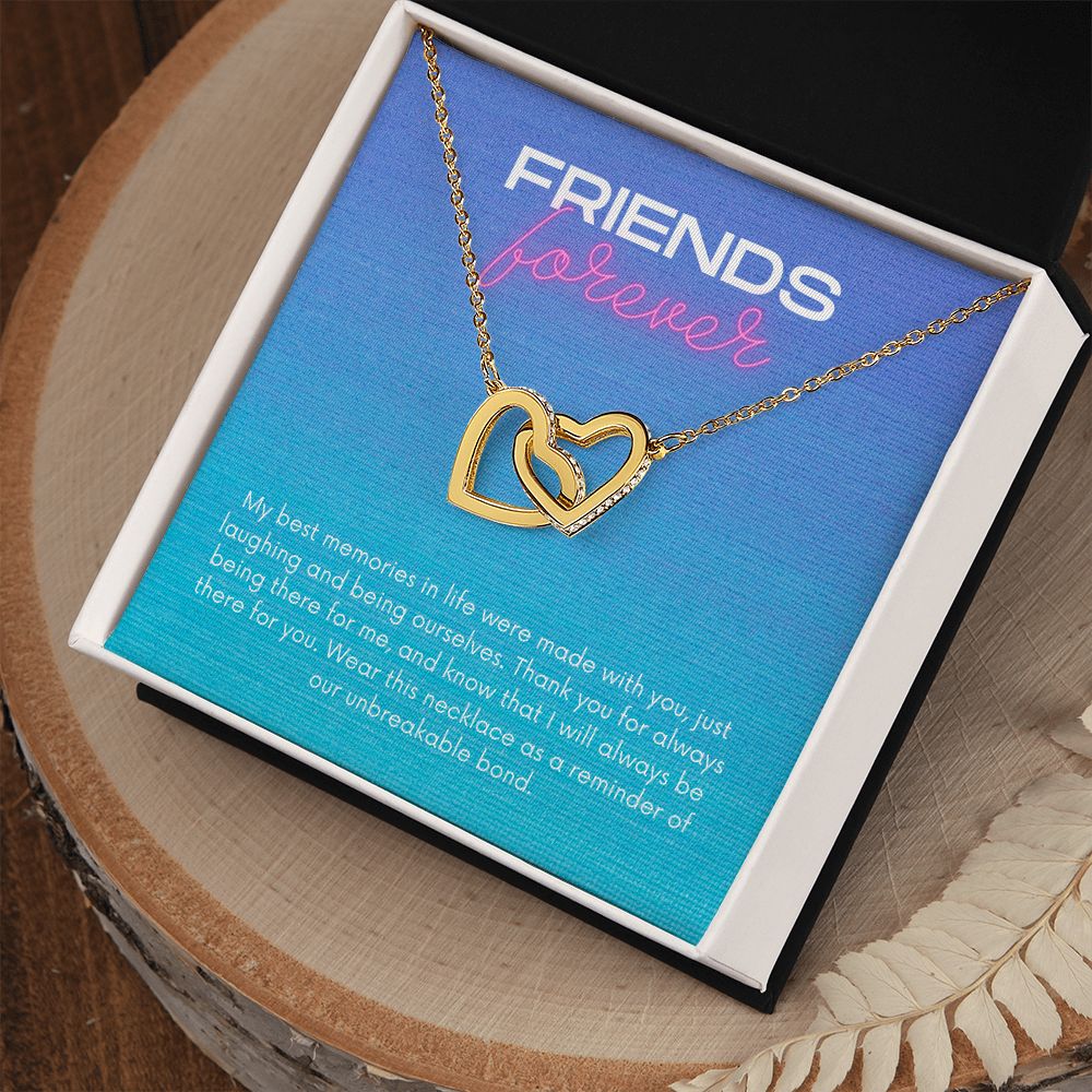 Friends Forever Interlocking Hearts Necklace Available in Yellow & White Gold (blue message card)